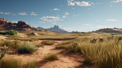 Naklejka premium Sunlit Grassland Path Leading to Majestic Mountain Peaks in the Distance 