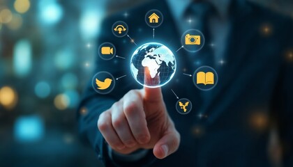 Global Perspective Digital Interaction and Connectivity Icons in Modern Office Infographic