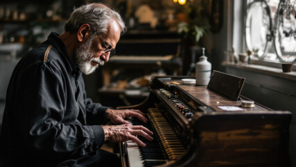 Fototapeta premium Senior Musician Playing a Vintage Piano in a Cozy Room Setting