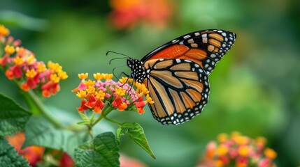 Obraz premium photograph of Beautiful image in nature of monarch butterfly on lantana flower.
