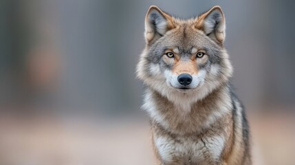 Fototapeta premium A striking portrait of a wolf showcases its intense gaze and detailed fur, perfect for wildlife studies, educational materials, or nature-themed projects