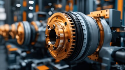Fototapeta premium Close-up of an industrial machinery component with metallic gears and bolts, displaying intricate engineering details in a factory setting.