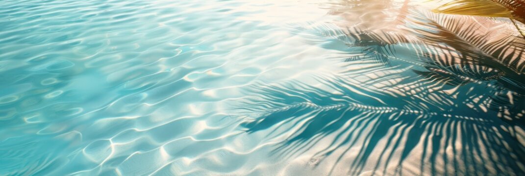 Serene image of tranquil water reflecting sunlight with palm shadows, Perfect for wellness, vacation, or relaxation themes, enhancing visuals in blogs, websites, or marketing materials,