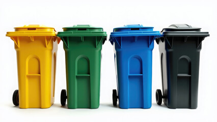 colorful trash bins for waste management, green, blue, and yellow bins, eco-friendly recycling system, environmental sustainability, waste disposal concept