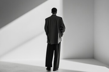 Obraz premium Minimalistic high-fashion featuring a model wearing an oversized gray blazer paired with tailored black trousers