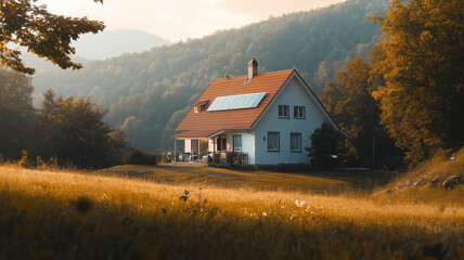 Obraz premium A picturesque home with solar panels integrated into the slanted roof, bathed in soft sunlight, eco-friendly and sustainable living