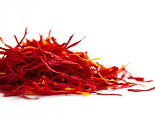 Fototapeta premium Saffron threads arranged beautifully on a white background, showcasing their vibrant red and yellow hues. Ideal for culinary and spice-related projects.
