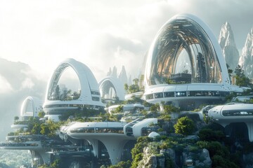Fototapeta premium Futuristic city nestled in mountains, featuring unique architecture, green spaces, and advanced technology.