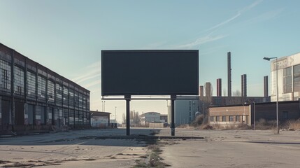 Obraz premium photograph of Billboard background showcasing a sleek, black advertising panel in an industrial area with a clear, sunny day and minimal surrounding activity.