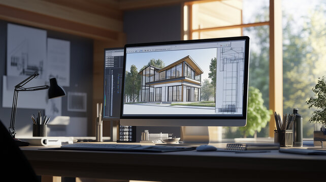 A professional workspace with a desktop computer showing a fully developed 3D mockup of a house design in Revit, surrounded by architectural tools