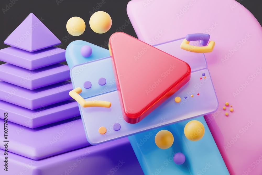 Poster abstract 3d illustration with vibrant geometric shapes playful colors and a prominent play button