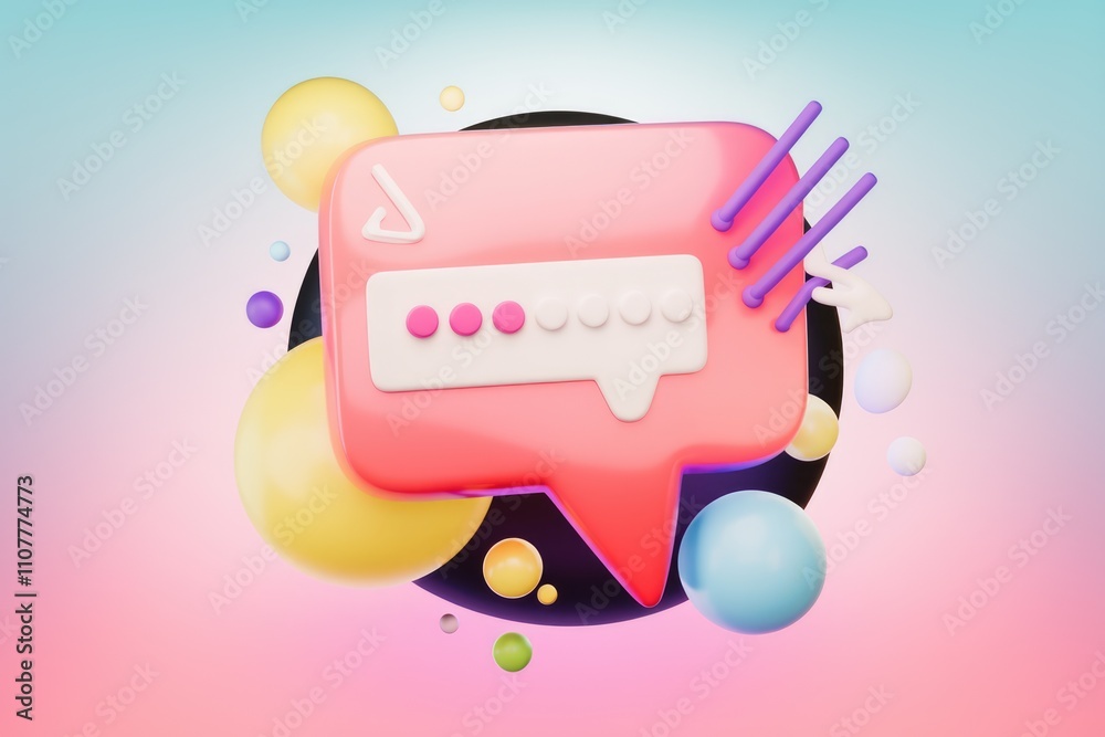 Poster Pink chat bubble with loading dots in 3D render