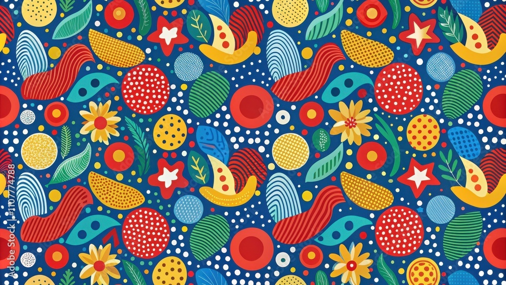 Poster abstract seamless pattern with vibrant colors, geometric shapes, and floral elements on a dark blue 