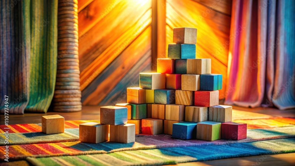 Aufkleber a colorful tower of wooden blocks constructed on a striped rug in a playful setting