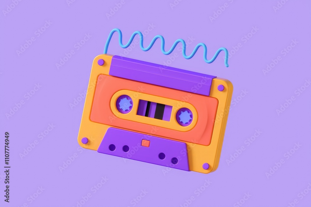 Poster a vibrant 3d rendering of a retro cassette tape evoking nostalgia and music