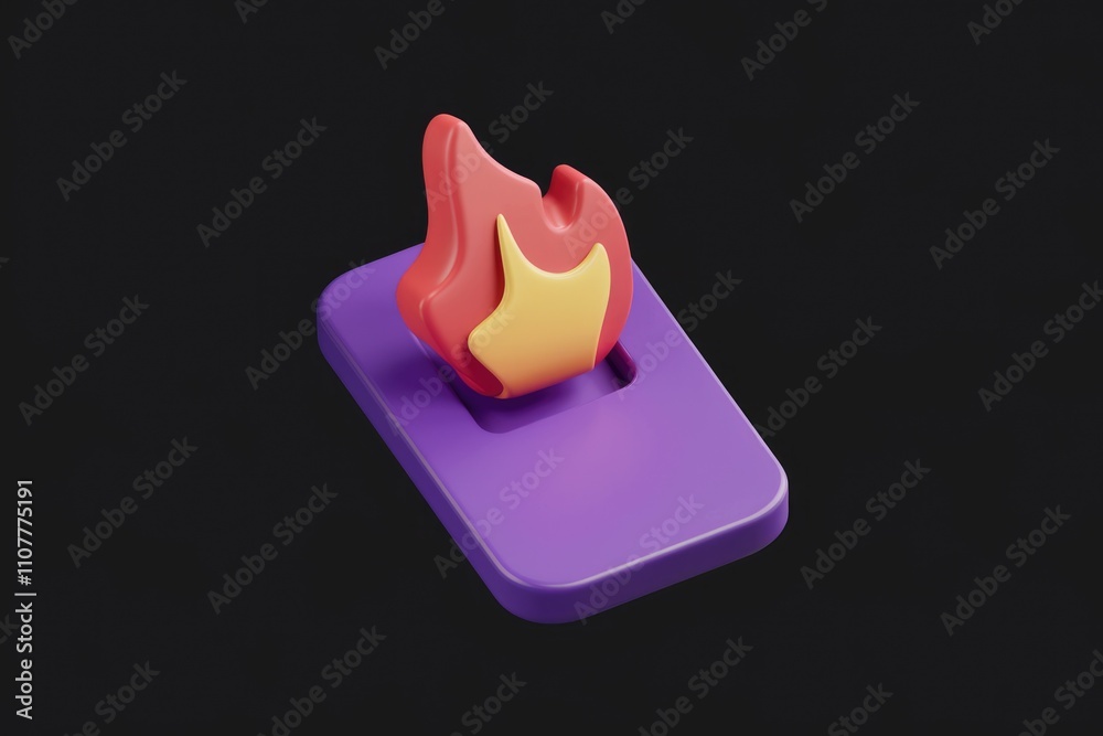Poster 3D render of a fire icon on a purple rectangle  representing app notifications or urgency