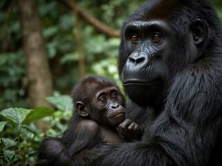 Obraz premium Mother gorilla with her baby in Bwindi Impenetrable Forest, Uganda.