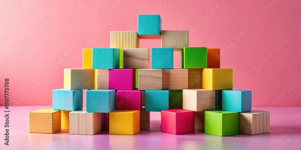 Aufkleber A colorful arrangement of wooden blocks on a pink surface, creating a playful and abstract design