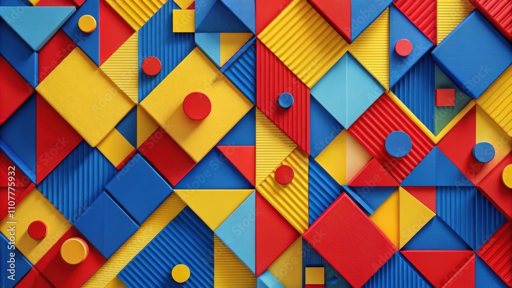 Poster A vibrant abstract composition featuring geometric shapes in primary colors, seamlessly integrated into a dynamic and playful design