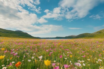 Timelapse adventure across colorful floral fields while hiking near imefjelsvatnet leading to gurben, indre fosen, norway