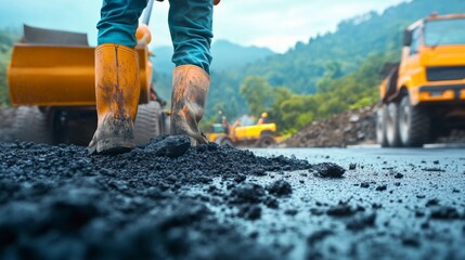 Construction site workers wearing orange hard hats rubber asphalt pavement working