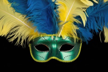 Elegant green masquerade mask adorned with vibrant blue and yellow feathers
