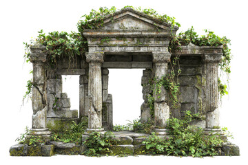An ancient structure overrun with greenery, featuring weathered columns and ornate details, showcasing the passage of time.