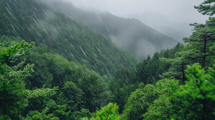 Moody forest landscape with fog, mist, and rain creating serene atmosphere. lush greenery contrasts beautifully with gray sky
