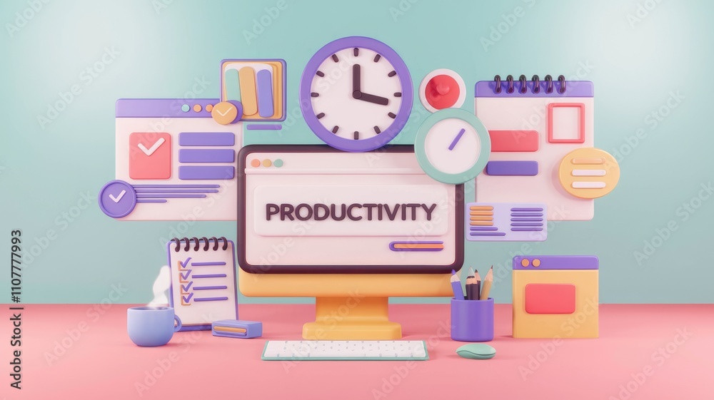 Poster 3d illustration of productivity concept with computer clock checklist and other office supplies