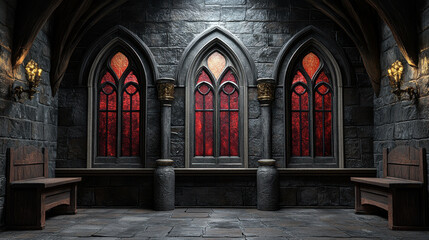gothic interior featuring stone walls, arched windows, and red stained glass. moody atmosphere is enhanced by dim lighting and wooden benches