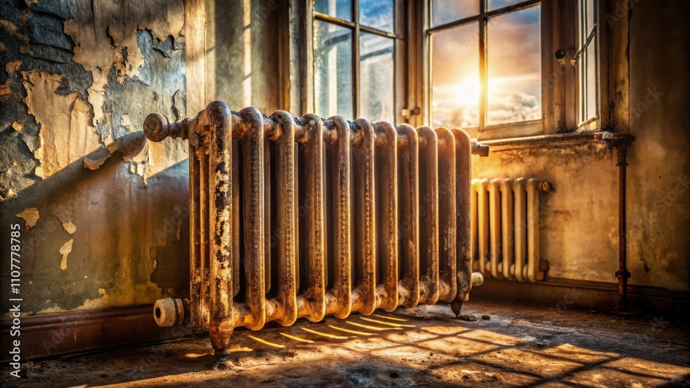 Poster rustic radiator bathed in the warm glow of a fading sunset, a glimpse into a bygone era of industria