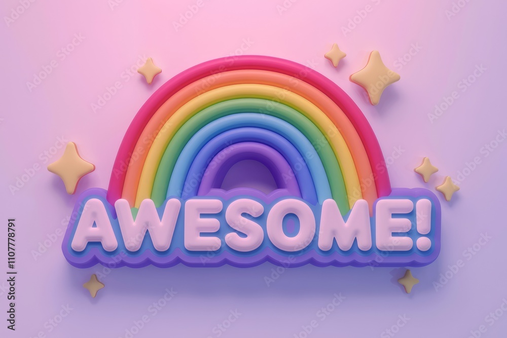Poster 3d render of rainbow and awesome text on pink background