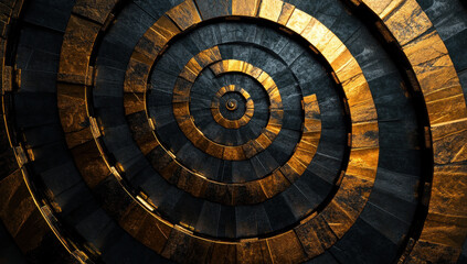 A spiral pattern of metallic textures in gold and dark tones, creating a visually striking design.