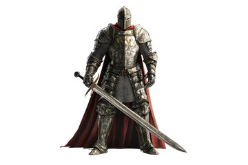 Fototapeta premium A knight in ornate armor stands proudly, wielding a large sword, exuding strength and valor.
