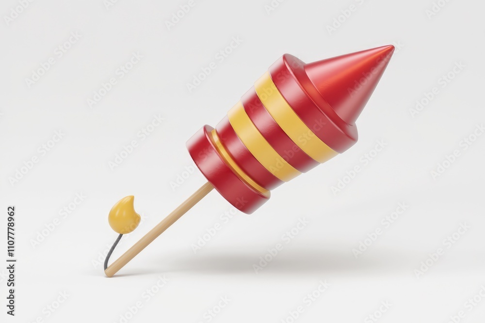 Aufkleber A 3D render of a stylized rocket firework with red and yellow segments on a white background