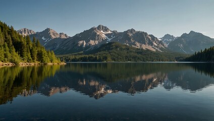 Fototapeta premium Mountain lake view reflecting a bright cloudless sky.