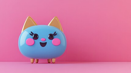 A cute, cartoon-like blue cat figure with golden ears on a pink background, exuding a playful and cheerful vibe.