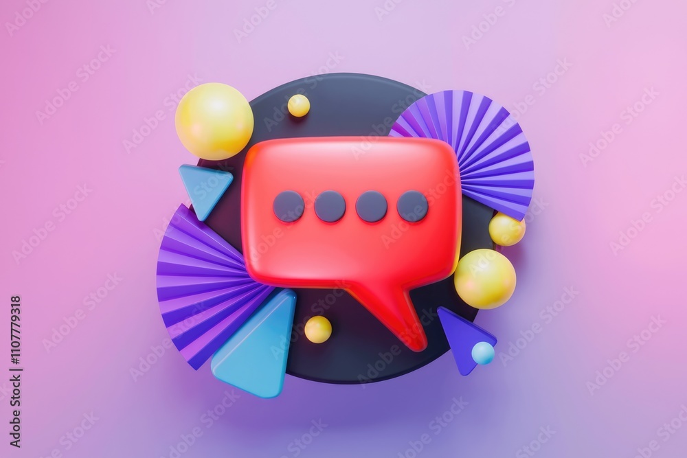 Aufkleber 3D render of a red speech bubble with three dots surrounded by colorful geometric shapes