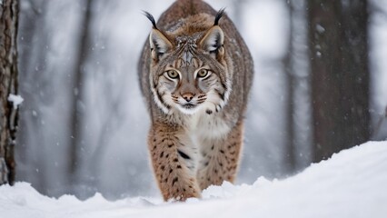 Obraz premium Lynx Stealthily Prowling Through Snowy Forest with Grace and Precision