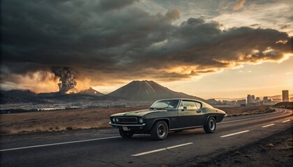 Fototapeta premium Classic Muscle Car on Desert Highway with Volcano at Sunset V9