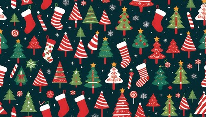 A Festive Christmas Pattern Featuring Christmas Trees, Stockings, and Candy Canes for a Joyful Holiday Design