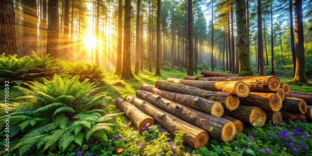 Poster sunbeams pierce through the trees in a lush forest, illuminating a pile of logs and blooming flowers