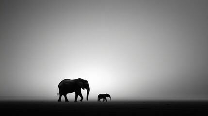 Fototapeta premium Majestic elephants walking under a hazy sunset in silhouette against a serene landscape