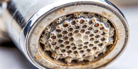 Close-up of a dirty shower head with mineral deposits and hard water build-up, revealing the intricate pattern of the spray holes