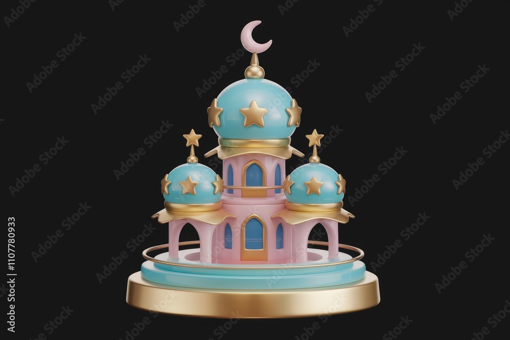 Poster a whimsical 3d rendering of a mosque pastel colors stars and a crescent moon