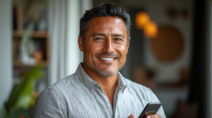 Fototapeta premium A smiling man holding a smartphone, exuding confidence and approachability.