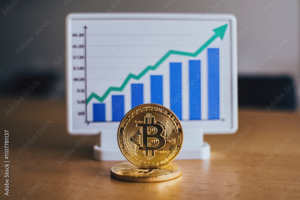 Aufkleber Bitcoin price growth shown on a graph with physical Bitcoin in the foreground
