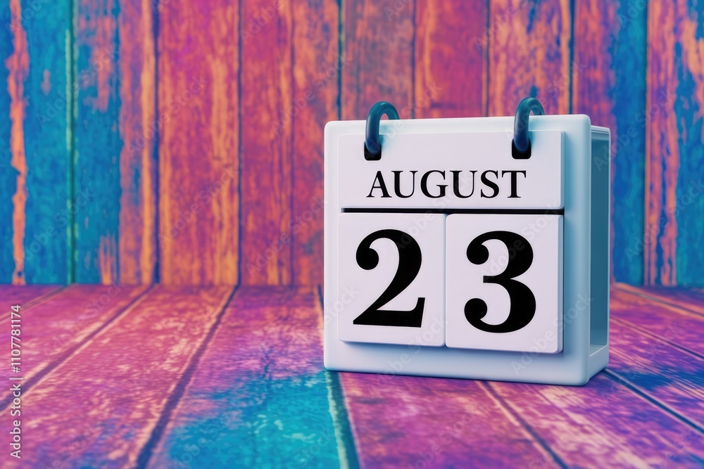 Poster august 23rd displayed on a white cube calendar against a colorful wooden backdrop
