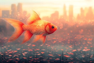 A vibrant orange goldfish gracefully swims through a serene underwater landscape, surrounded by shimmering bubbles and soft, glowing flora against a dreamy cityscape backdrop.