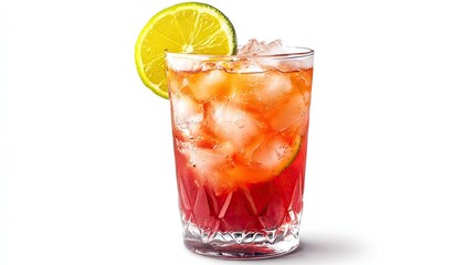Refreshing cocktail with vibrant colors, served in a clear glass with ice and a slice of lime.